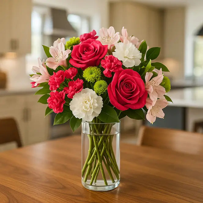 Bouquet of carnations and roses in a clear vase on a table