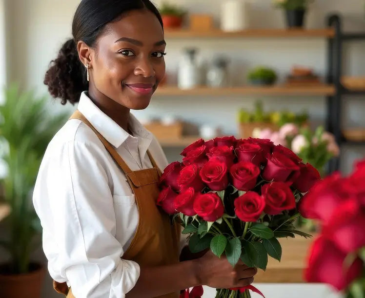 Woman holding a bouquet of red roses