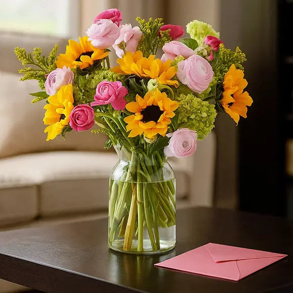 Bouquet of sunflowers and other pink and green flowers in a clear vase on a coffee table