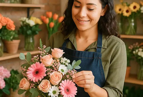 Florist creating a bouquet in flower shop
