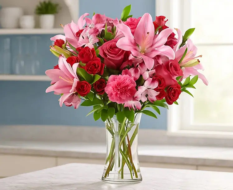 Bouquet of pink and red flowers in a clear vase on a table
