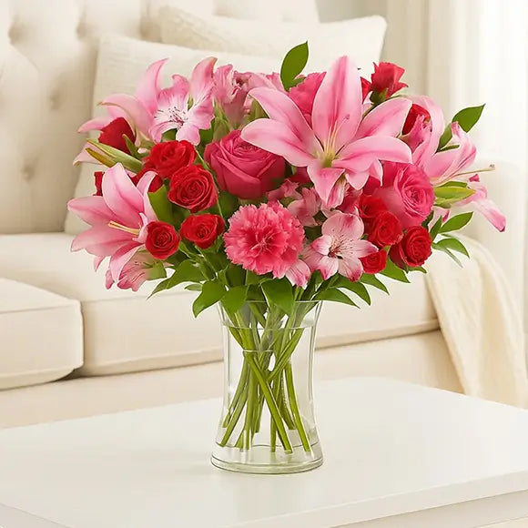 Bouquet of pink and red flowers in a clear vase on a table with a couch in the background