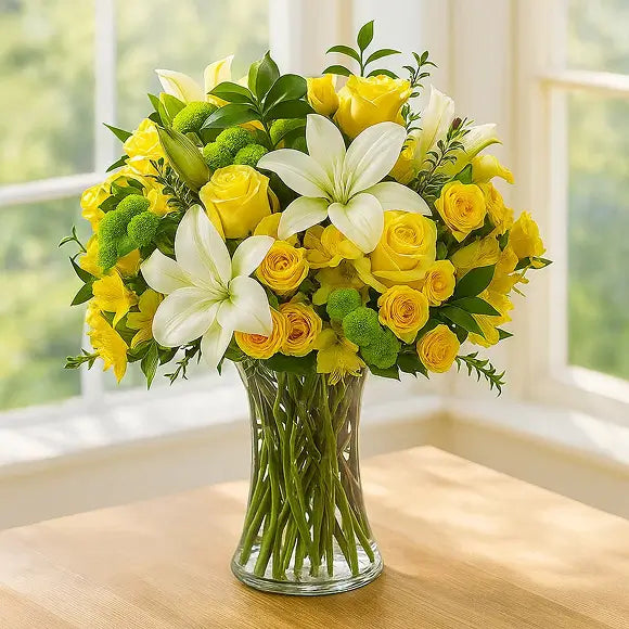 Bouquet of green and yellow flowers in a clear vase on a table by windows