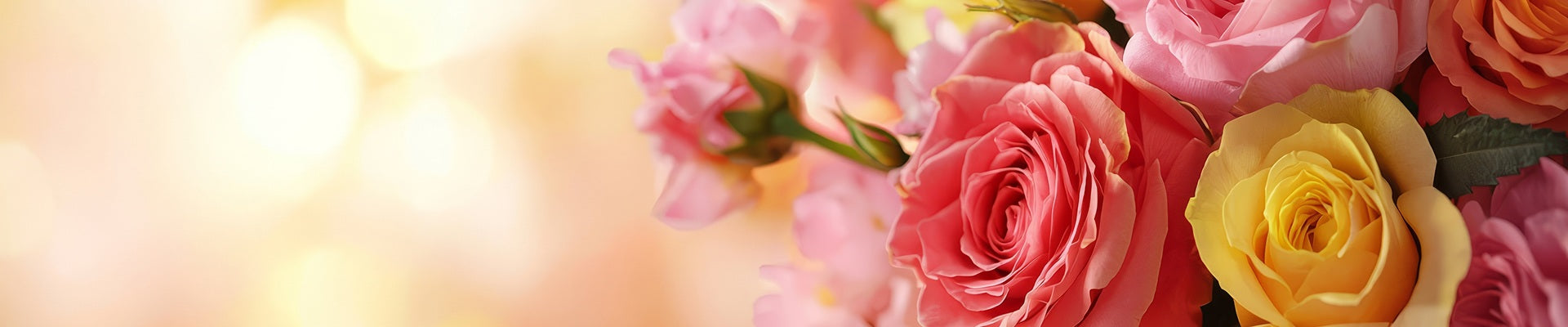 Close up of pink, yellow and orange roses